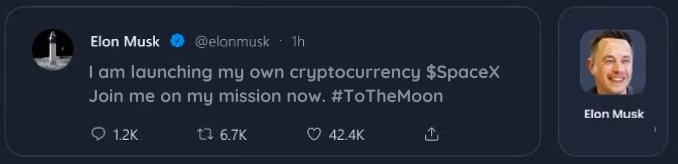 Fake SpaceX cryptocurrency tweet.